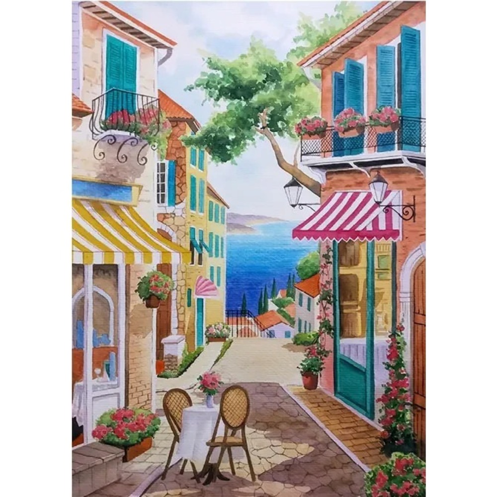 1000 Piece Puzzle Mediterranean Riviera Bistro Cafe Charming Street Scene Ocean